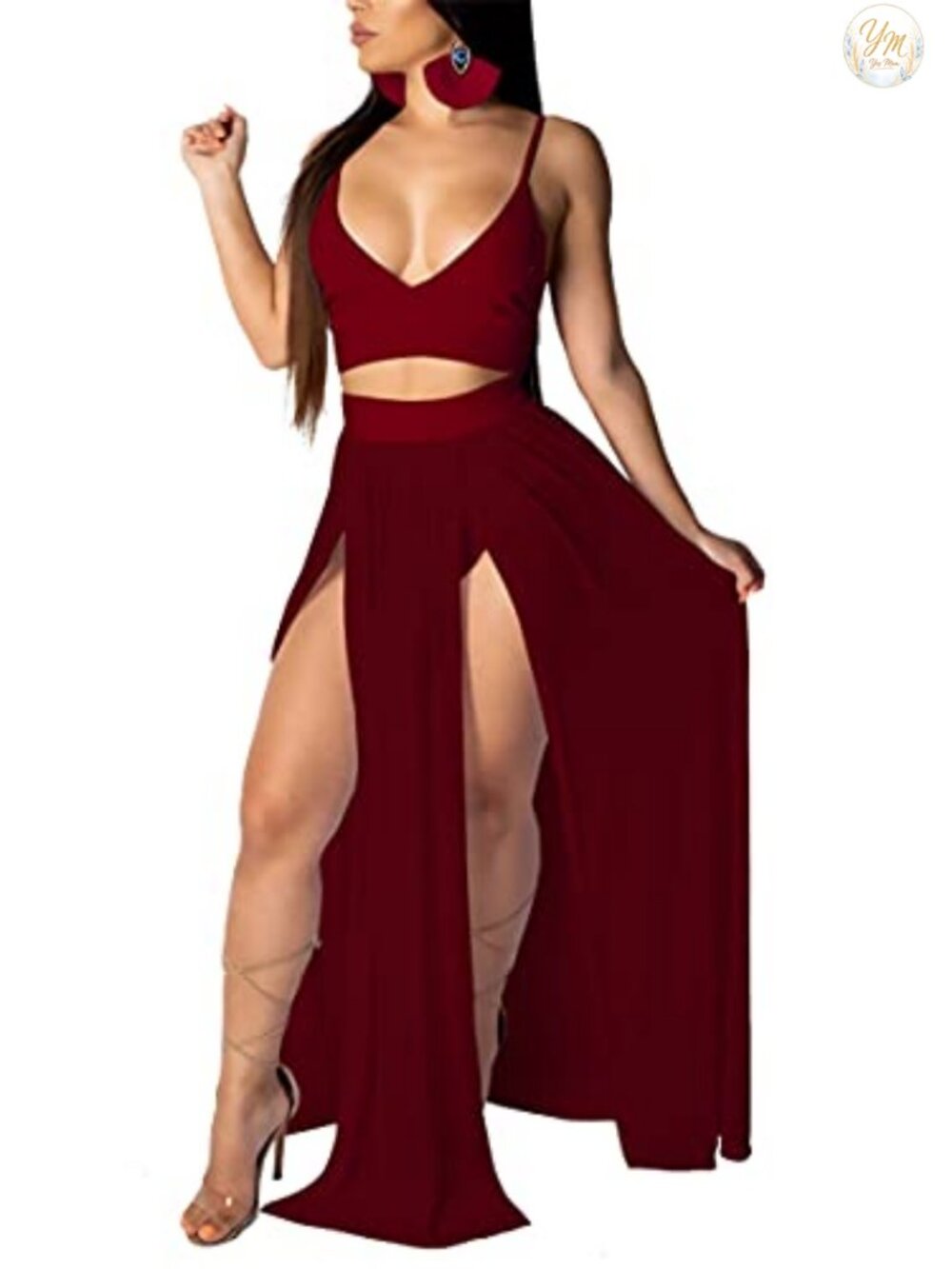 Women's 2 Piece Chiffon Skirt Set Deep V Neck Crop Top High Split Maxi Dress